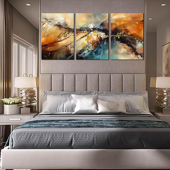 Abstract Living Room Pictures Wall Decor - Modern Bedroom Wall Decor Above Bed - Large 3 Piece Canvas Wall Art for Office Size 24" x 36"