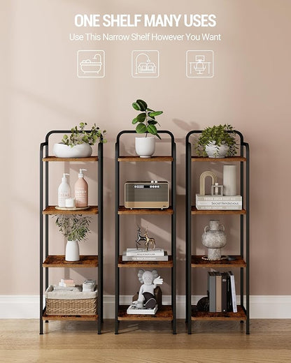 Bookcase Bookshelf, Narrow Book Shelf, Industrial Coner Shelf Storage Organizer, Slim Shelving Unit for Home Office, Living Room, Bedroom, Kitchen, 4-Tier Rustic Brown BC24401B