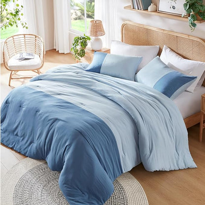 Blue Comforter King Size - Modern Farmhouse Soft Comforter Sets for Men, Masculine Colorblock Pattern Bed Sets for All Season, 3 Pieces includes 1 Comforter, 2 Shams (104"x 90")