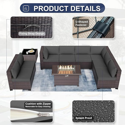 Patio Furniture Sectional Sofa Set 13-Pieces PE Rattan Swivel Rocking Chairs Patio Conversation Set w/43in Gas Fire Pit Table, Outdoor Furniture with 55000 BTU Propane Fire Pit, Grey