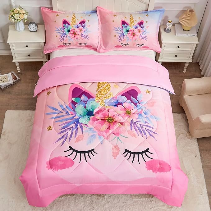 Pink Unicorn Queen Bedding Set for Girls 3 Piece Kids Comforter Set Cartoon Unicorn Flowers Quilt Set Bed in A Bag Lightweight Duvet Bed Set for Kids Teen Girls Women Bedroom Decor with 2 Pillowcases