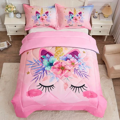 Pink Unicorn Queen Bedding Set for Girls 3 Piece Kids Comforter Set Cartoon Unicorn Flowers Quilt Set Bed in A Bag Lightweight Duvet Bed Set for Kids Teen Girls Women Bedroom Decor with 2 Pillowcases