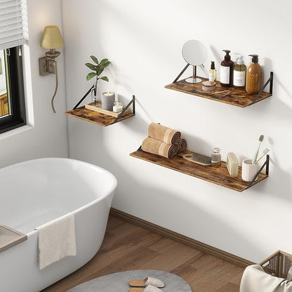 Deep Floating Shelves for Wall, 12 Inch Deep Floating Shelves Set of 2, 16"W x 12"D Wall Shelf, Wide Display Ledges Shelves for Bedroom, Bathroom, 12 Deep Bookshelf Wall Mounted - Rustic Brown