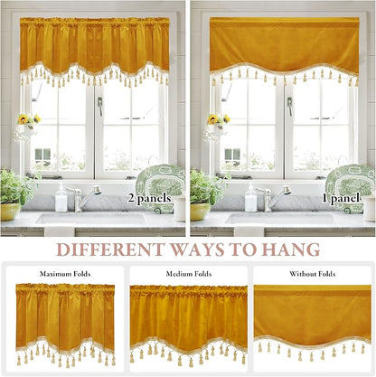 Warm Gold Autumn Tassel Velvet Valances Curtains 52x18 Inch 2 Panels | Rod Pocket Scalloped Tier Curtains, Light Dimming Privacy Protect Window Drapes for Cafe, Holiday Fall Decor