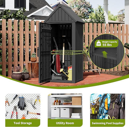 Outdoor Storage Shed – Durable Resin with Sloping Roof and Lockable Door, Waterproof Storage Cabinet with Ample Space, Multiple Hooks for Backyard, Garden, Patio & Lawn Black