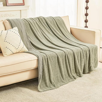 EMME Muslin and Fleece Twin Blanket Reversible - 60"*80" Sage Green Soft Warm Throw Blankets for Couch Bed Picnic Travel Bed