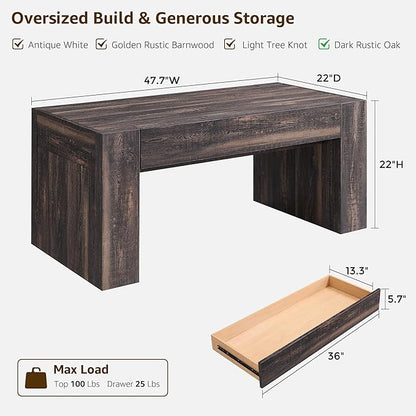OKD 48" Modern Farmhouse Coffee Table, Wooden Living Room Table with Hidden Storage Drawer, Rustic Rectangular Center Tables w/Wood Thick Design for Living Room, Office, Dark Rustic Oak
