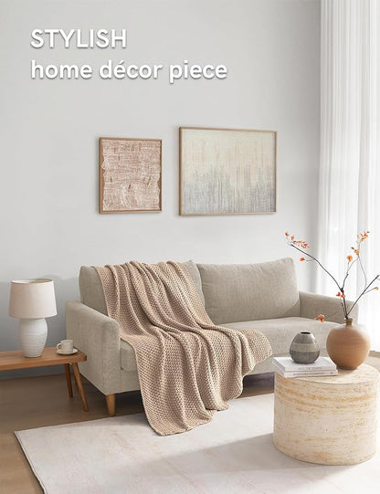 YnM Chunky Cotton Knit Throw Blanket, Cable Knit Throws for Bed Couch Sofa, Comfy & Relaxing, Decorative Piece for Farmhouse Modern Boho Rustic Scandinavian Chic Vibe, Beige 60x80 Inches
