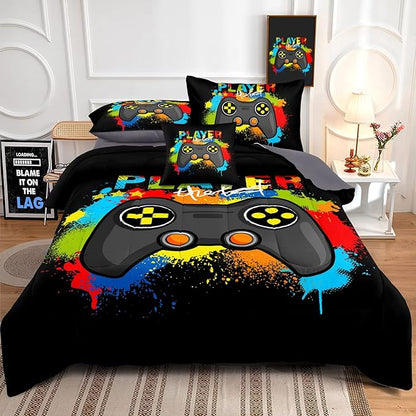 Kids Gaming Bedding Sets, 5 Piece Gamer Comforter Sets for Teens Boys Twin Size for Bedroom Comforter Set Adult 3D Gamepad Microfiber Bedding Sets Fits All Season Bedding Comforter Sets