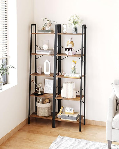 Ladder Shelf, Bookshelf Bookcase, Freestanding Corner Storage Shelve with 2 Hooks for Home Office, Living Room, Kitchen, Bedroom, Industrial, 5-Tier Rustic Brown BC19201B
