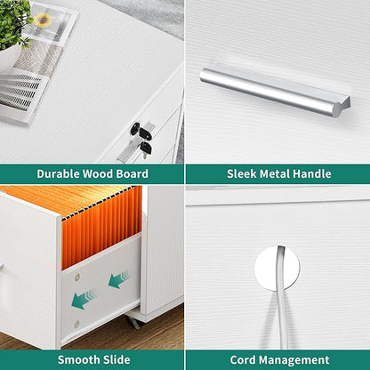 YITAHOME File Cabinet with Lock, 3 Drawer Filing Cabinet with Charging Station, Printer Stand with Storage, Office Pedestal Files for Hanging Files Letter/Legal/A4, White