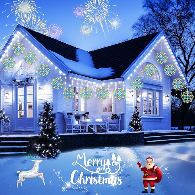 Christmas Snowflake Icicle Lights Outdoor - Plug-in 10.5ft 5 Drops 240LED Snowflake Window Lights with 8 Modes, Hanging Lights for Indoor Outdoor Porch Eaves Rooftops Christmas Decor, Multicolor