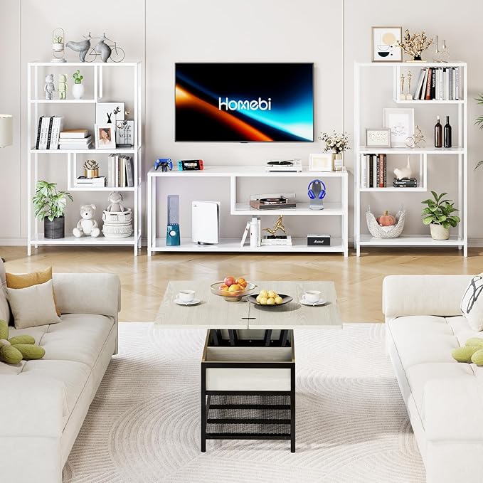 HOME BI Geometric Bookshelf, Tall Modern Etagere Bookcase, Industrial Metal Book Shelf with 5 Open Display Shelves for Office Living Room, White