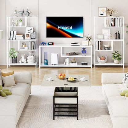 HOME BI Geometric Bookshelf, Tall Modern Etagere Bookcase, Industrial Metal Book Shelf with 5 Open Display Shelves for Office Living Room, White