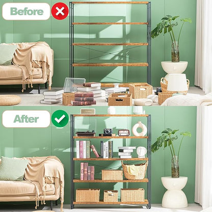 HCHQHS Bookshelf, 5-Tier Industrial Bookcase, Rustic Open Book Shelf, Freestanding Tall Bookshelves with Metal Frame