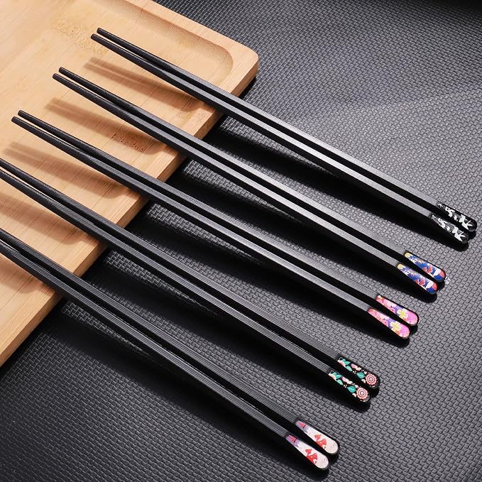 GLAMFIELDS 5 Pairs Premium Chopsticks Reusable Dishwasher Safe 9.5 Inch Fiberglass Chop Sticks Gift Set Hexagon Black Non Slip with the Printed Tops
