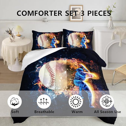 Axolotl 3D Baseball Comforter Set Twin,Sports Bedding,Red Blue Water Fire Comforter Set,Sports Baseball Loveer Bedding Set,Sport Game Comforter for Kids Boys Teens Adults,1 Quilt 2 Pillowcases