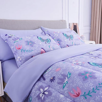 Mooreeke Bed in a Bag for Kids Girls Teens, 8 Pieces Full Size Comforter Bed Set with Shams, Sheet Set and Decorative Toy Pillow, Butterfly Purple Super Soft Microfiber Kids Comforter Bedding Set