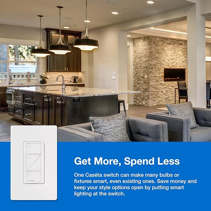 Lutron Caseta Original Smart Dimmer Switch Starter Kit, with Pico Remote, Wall Plate, and Smart Hub, Works with Alexa, Apple Home, and Google Home, 3 Way, 150W, No Neutral Req, P-BDG-PKG1W