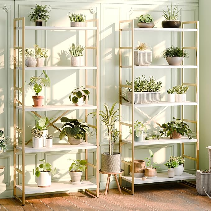 Shintenchi 5 Tiers Bookshelf, Classically Tall Bookcase Shelf,Industrial Book Rack,Modern Book Holder in Bedroom/Living Room/Home/Office, Storage Rack Shelves for Books/Movies,Gold