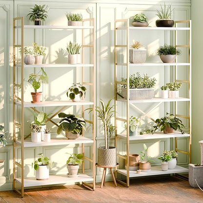 Shintenchi 5 Tiers Bookshelf, Classically Tall Bookcase Shelf,Industrial Book Rack,Modern Book Holder in Bedroom/Living Room/Home/Office, Storage Rack Shelves for Books/Movies,Gold