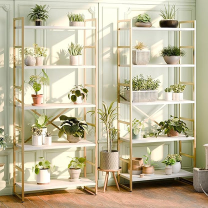 Shintenchi 2 Pieces 5 Tiers Bookshelf, Classically Tall Bookcase Shelf, Industrial Book Rack, Modern Book Holder in Bedroom/Living Room/Home/Office, Storage Rack Shelves for Books/Movies-Gold