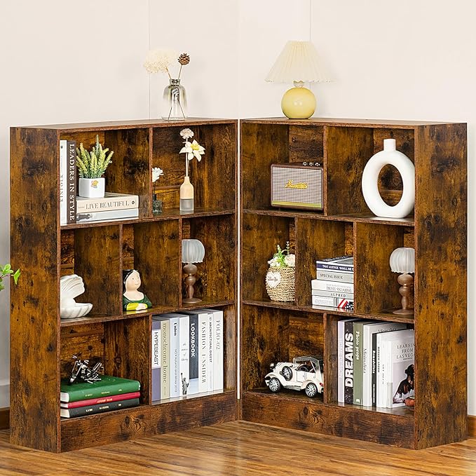 LEYAOYAO 7 Cube Bookshelf with Base,3 Tier Mid-Century Modern Brown Bookcase,Standing Wide Bookshelves Storage Organizer Shelf,Rustic Wood Display Cabinet Book Shelves for Bedroom,Living Room,Office