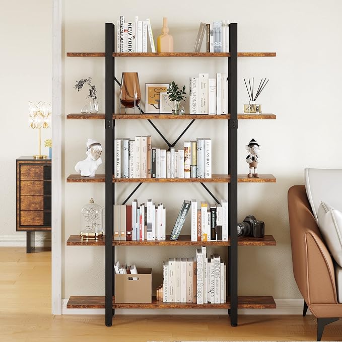 YITAHOME 5 Tier Bookshelf, 70.9" Tall Industrial Bookcase, Wide Open Display Storage Book Shelf for Living Room/Bedroom/Home/Office, Rustic Brown