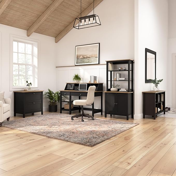 Bush Furniture Mayfield 60W L Shaped Computer Desk with Storage and Desktop Organizer in Vintage Black and Reclaimed Pine | Storage for Home Office Workspace