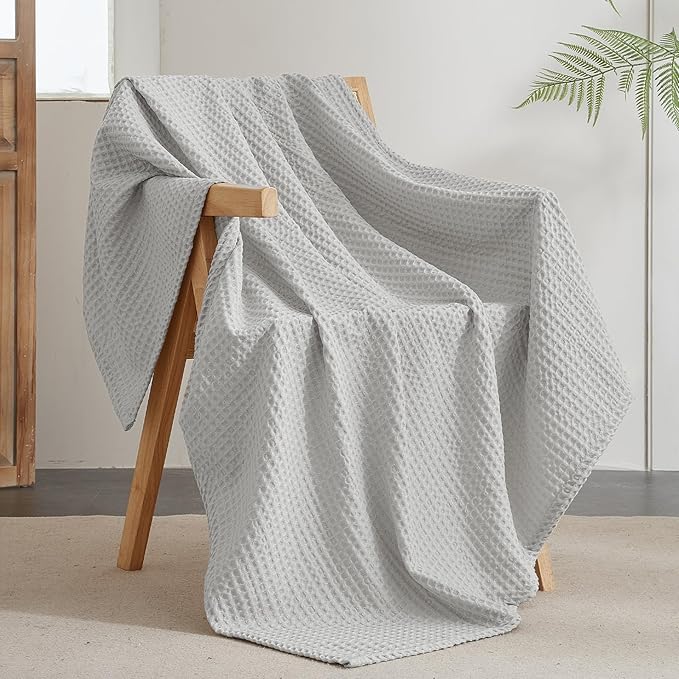 PHF Ultra Soft Waffle Weave Throw Blanket 50"x 60"- Washed Lightweight Breathable Cozy Woven Blanket for Bed - Aesthetic Decor for Couch Bedding Sofa Home Car - Light Grey