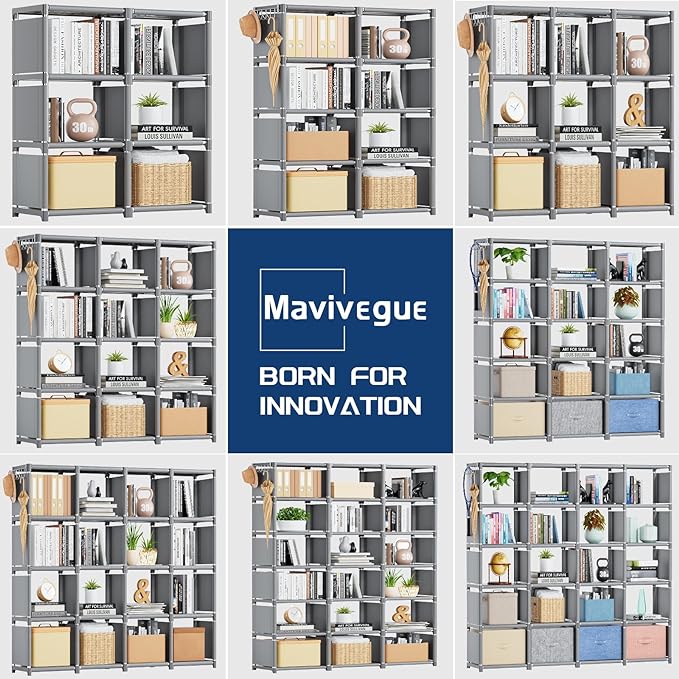 Mavivegue Book Shelf, 6 Cube Storage Organizer, DIY Bookcase, Metal Cube Bookshelf,Tall Book case for Bedroom, Living Room,Office,Closet Storage Organizer, Grey Cubicle Storage Rack