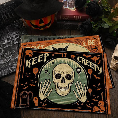 Umigy 6 Pcs Halloween Placemats 12"x18" Gothic Bat Placemats Kitchen Decoration Washable Witch Place Mats Rectangle Skull Table Mats for Halloween Dining Table Accessories(Scary)