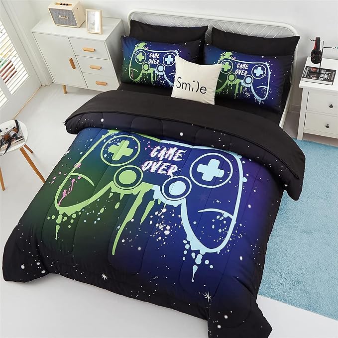 Kids Gaming Bedding Sets Full Size for Boys Teen, 5 Piece Bed in a Bag Gamer Comforter Set with Sheets, 3D Colorful Video Game Controller Comforter, All Season Soft Microfiber Bed Set(Blue,Full)