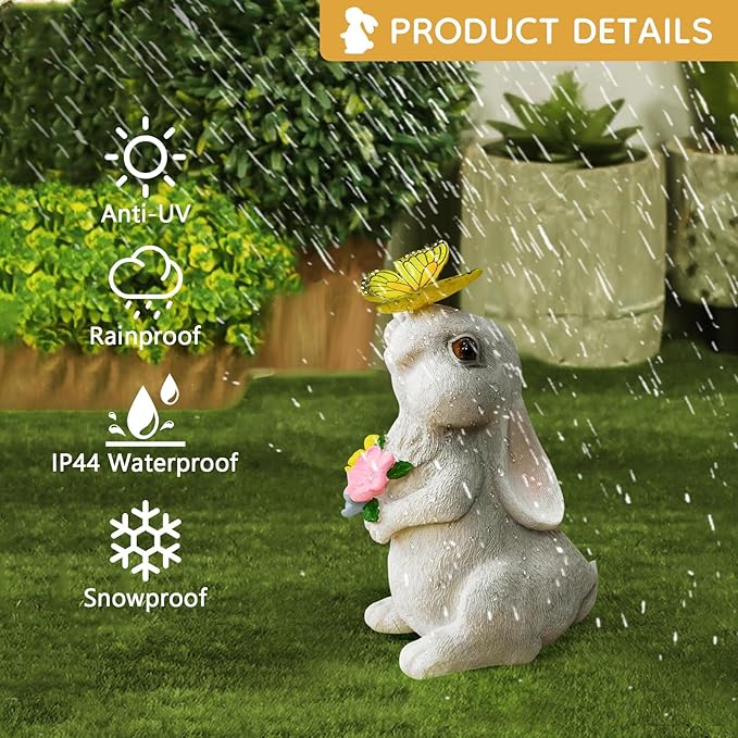 Solar Bunny Statues Light with Butterfly LED - Auto On/Off Weathproof Resin Garden Figurine Decor Gift for Pathway, Patio & Mom's Flower Bed (Warm Light)