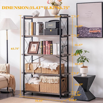 HCHQHS Bookshelf, 5-Tier Industrial Bookcase, Rustic Open Book Shelf, Freestanding Tall Bookshelves with Metal Frame