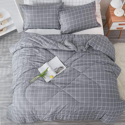 Andency Grey Grid Comforter Set Queen Size (90x90 inch), 3 Pieces (1 Grey Comforter and 2 Pillowcases), Summer Lightweight Microfiber Down Alternative Bedding Comforter Sets with White Lines