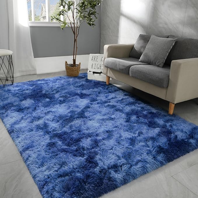 5x8 Large Area Rugs for Living Room, Super Soft Fluffy Modern Bedroom Rug, Tie-Dyed Navy Blue Indoor Shag Fuzzy Carpets for Girls Kids Nursery Room Home Decor