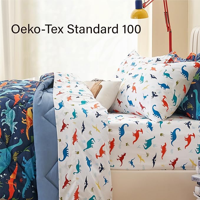 Kids Twin Dinosaur Bedding Comforter Set for Boys, 5 Pieces Twin Size Dinosaur Kids Bedding Set, Super Soft Lightweight Microfiber Comforter Set with Sheets for All Seasons