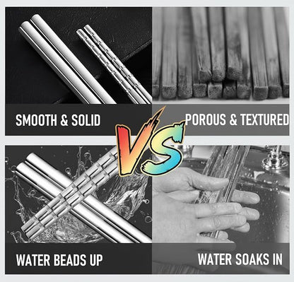 Metal Chopsticks with Training Chopstick Helpers - 18/8 Premium Reusable Non-Slip & Lightweight 9 1/4 Inch Stainless Steel Chopsticks, Dishwasher Safe, Furniture Kitchen Premium Gift Set (Silver)