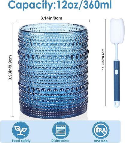 KMIGRUAN Hobnail Drinking Glasses Set of 6,12oz Blue Vintage Glassware,Cocktail Glasses,Embossed Glass Cups,Water Tumbler for Whiskey, Juice and Various Mixed Drinks