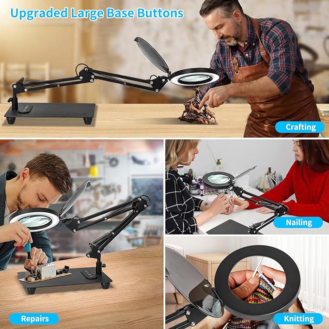 HITTI 10X Magnifying Glass with Light and Stand, Upgrade Base Button, 3 Color Modes Stepless Dimmable Magnifying Lamp, Adjustable Swing Arm LED Lighted Magnifier for Crafts Soldering Hobby
