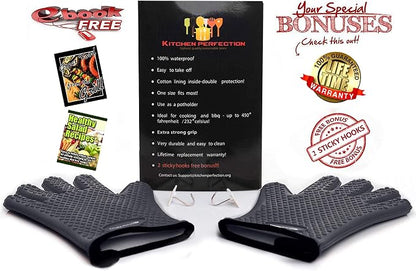 KITCHEN PERFECTION XL Silicone Smoker BBQ Gloves -Heat Resistant Oven Mitts | Waterproof, 5-Finger Design For A Better Grip, for Pitmasters, Meat Smoking, Grilling, Cooking, Frying Turkey | Grill Gift