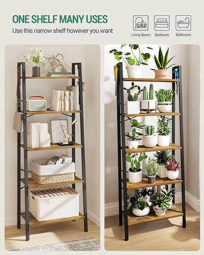 Ladder Shelf, Bookshelf Bookcase, Freestanding Corner Storage Shelve with 2 Hooks for Home Office, Living Room, Kitchen, Bedroom, Industrial, 5-Tier Rustic Brown BC19301B