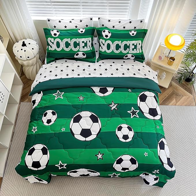 7 Piece Boys Soccer Comforter Set Full Size Bed in A Bag 3D Football Playground Sports Bedding Set for Kids Microfiber Comforter All Season Green