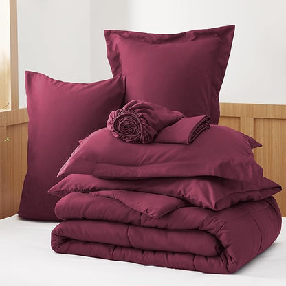 Bedsure Burgundy Queen Comforter Set - 7 Pieces Solid Queen Bed in a Bag, Queen Bed Set Burgundy with Comforters, Sheets, Pillowcases & Shams