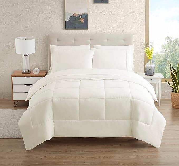 Dorm Room Essentials College Bedding Comforter Set 7 Piece Full Size Bed in a Bag for College Students Boys and Girls, Full, Ivory