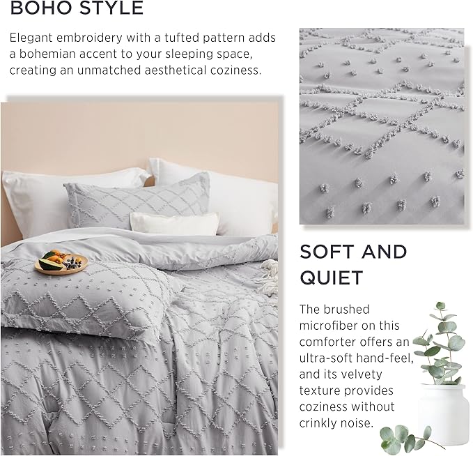 Bedsure King Size Comforter Set - Light Grey Comforter, Boho Tufted Shabby Chic Bedding Comforter Set, 3 Pieces Farmhouse Bed Set for All Seasons, Fluffy Soft Bedding Set with 2 Pillow Shams