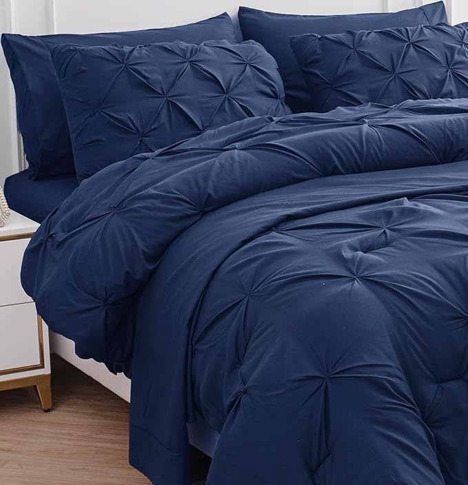 Lane Linen Queen Comforter Set with Sheets, 7 Piece Queen Bed in a Bag Set, Pintuck Queen Bed Set, Soft Bedding Queen Size, Bed Set Queen Size, Queen Bed Comforter Set with Pillowcases & Shams - Linen