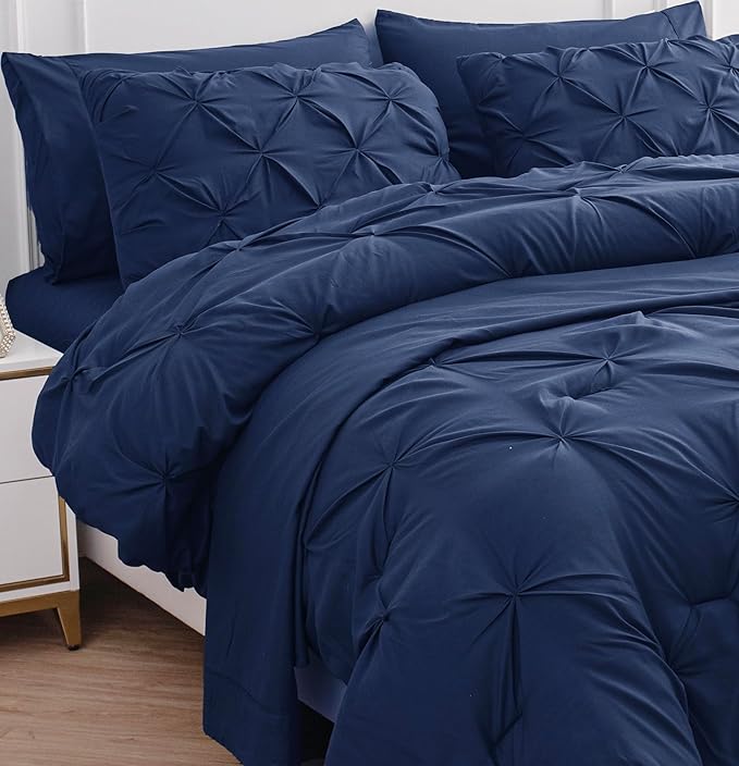 LANE LINEN Twin Comforter Set, 5 Piece Twin Bedding Sets for Boys, Pintuck Twin Size Bed Set, Pinch Pleated Twin Bed in a Bag Set, Twin Bed Comforter Set with Sheets, Pillowcase & Sham - Navy Blue