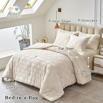 7 Pieces Tufted Bed in a Bag Queen Comforter Set with Sheets Beige, Soft and Embroidery Shabby Chic Boho Bohemian, Luxury Solid Color with Diamond Pattern, Jacquard Tufts Bedding Set for All Season